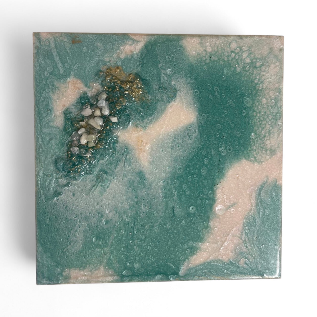 Original amazonite and clear quartz artwork, handmade UK wall art for balance and truth.