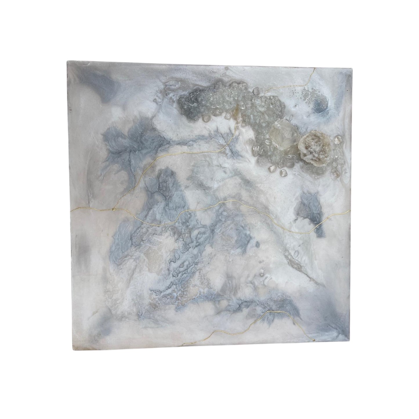 Luxury handmade resin artwork showcasing clear quartz crystals, geode formation, and subtle gold veins for home decor.