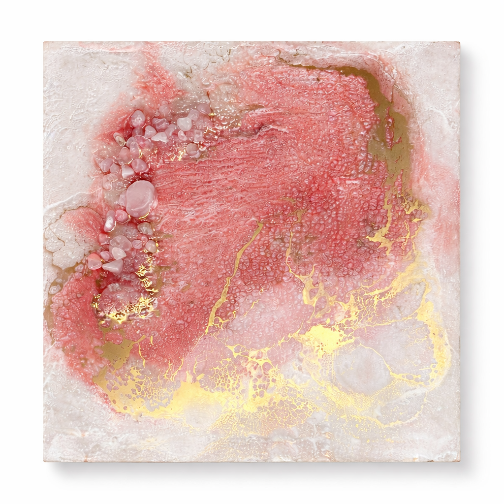 Heart-centred crystal artwork with rose quartz and clear quartz for calm interiors