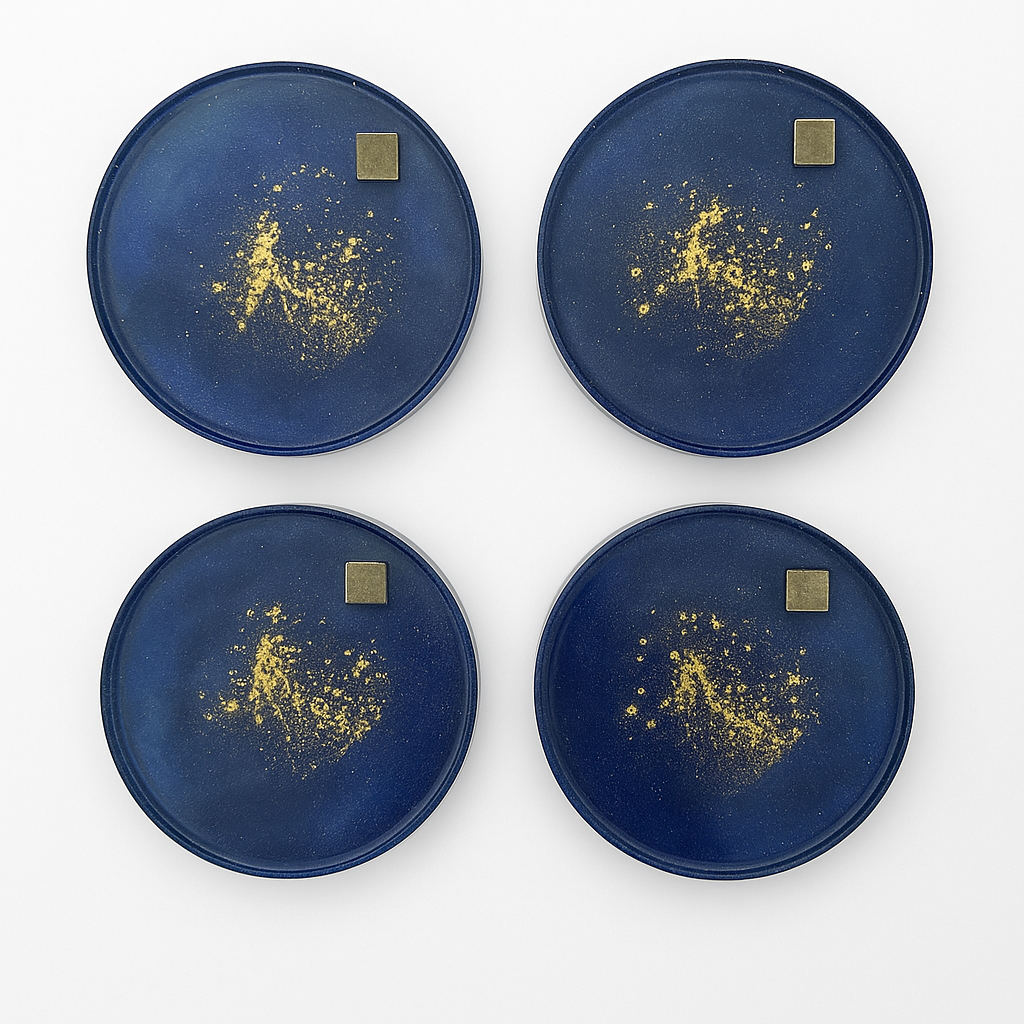 Luxury resin coaster with gold and pyrite inlay, navy colour, handmade by By Becca.