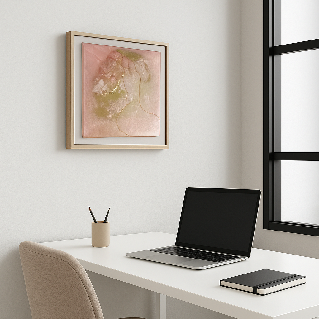 Abstract artwork with rose quartz, clear quartz, and 9ct gold vein on a 20cm canvas.