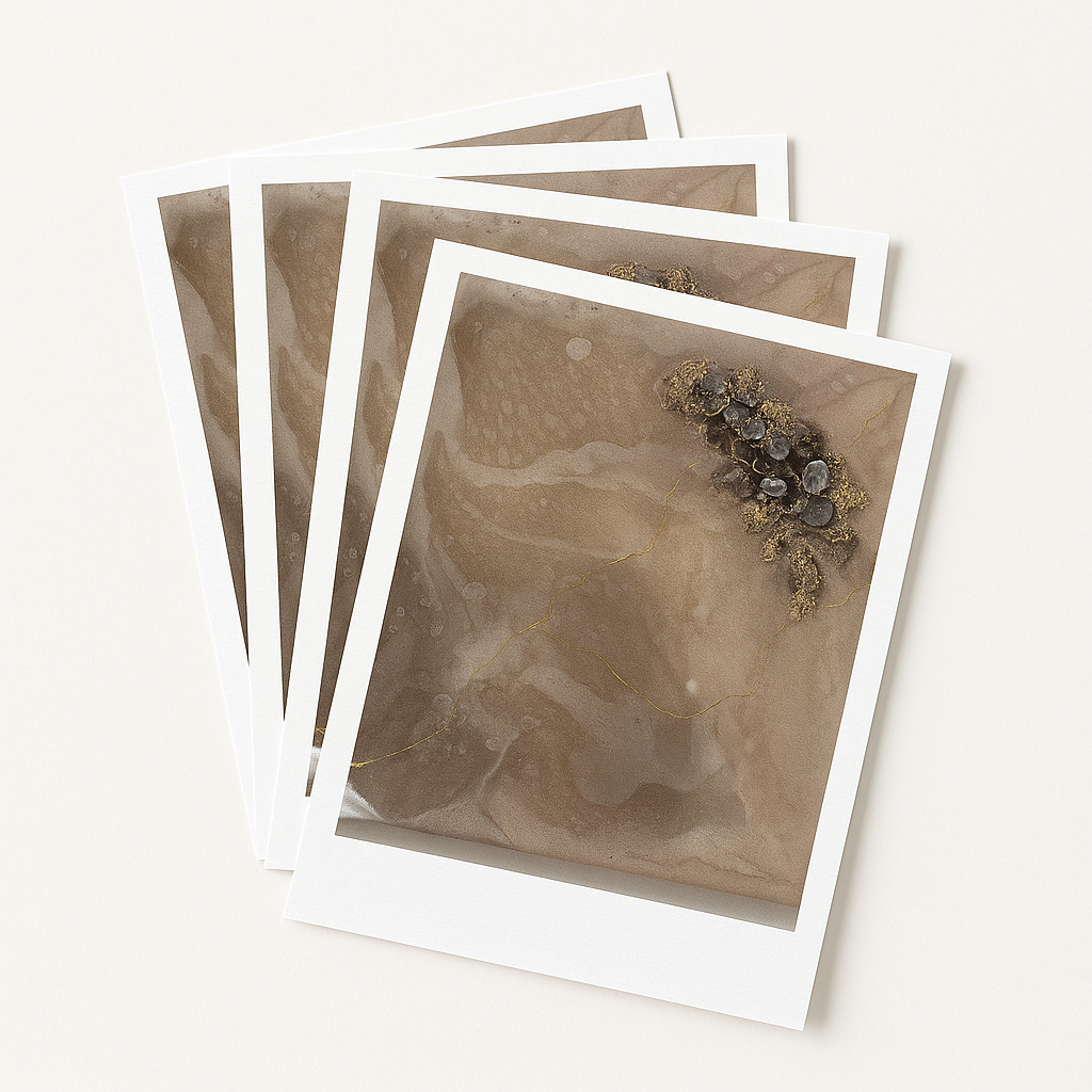 Stack of four postcard-style art prints featuring a smokey quartz and clear quartz abstract artwork with gold vein detail, displayed on an off-white background.