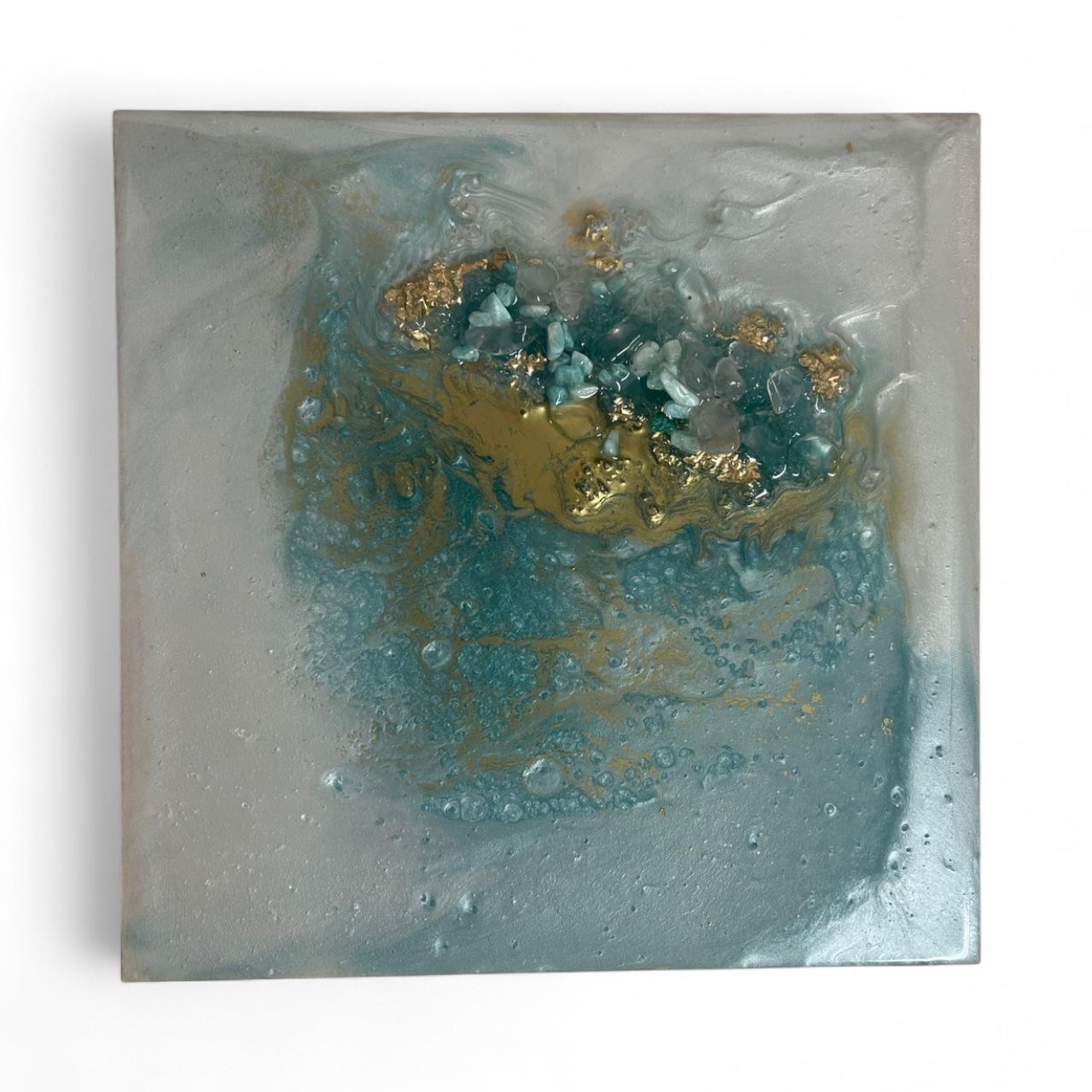 Abstract artwork with amazonite and clear quartz on 20cm canvas, teal and gold tones.