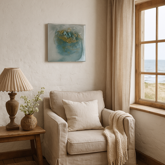 Healing crystal painting featuring amazonite and clear quartz, symbolising courage and clarity.