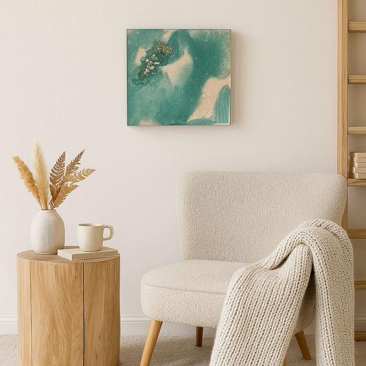 Abstract artwork with amazonite and clear quartz on a 25cm canvas, soft green tones with crystal detail.