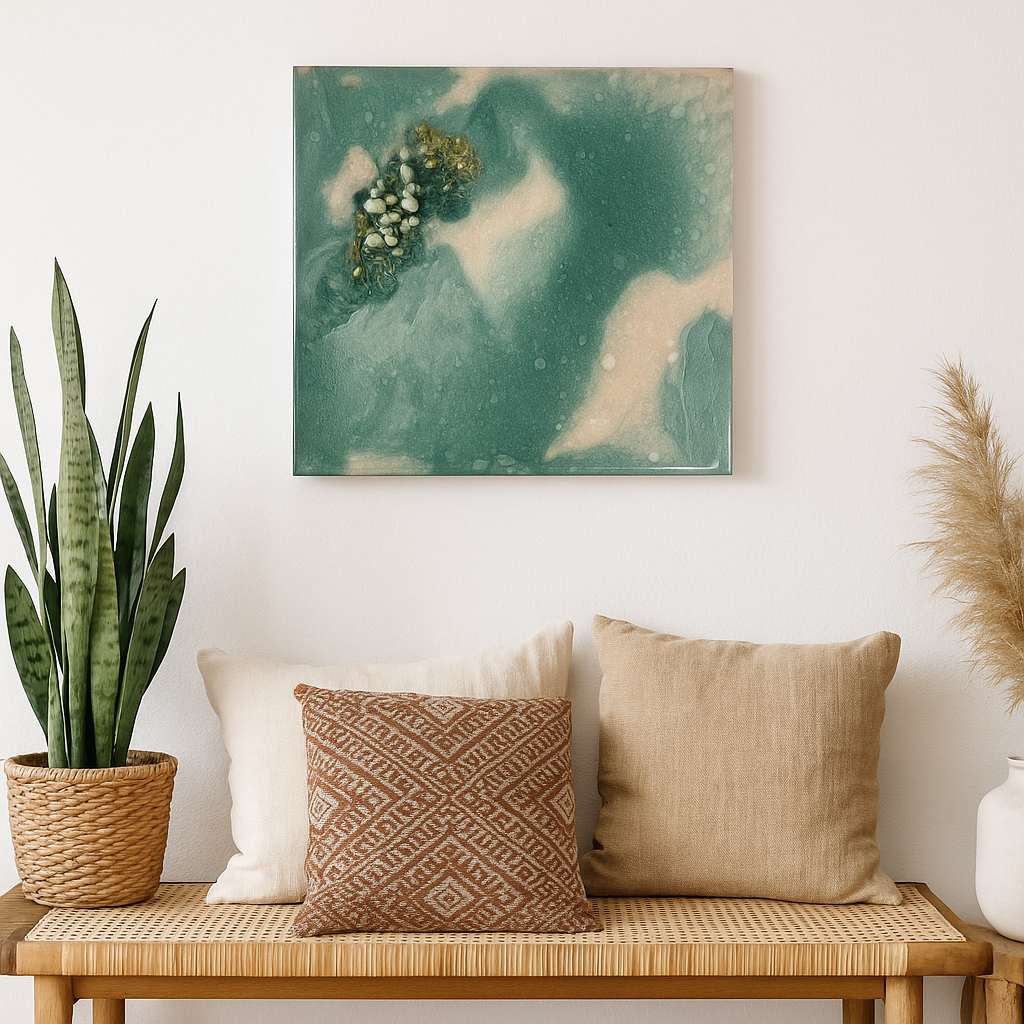 Healing crystal painting featuring amazonite and clear quartz, symbolising harmony and clarity.