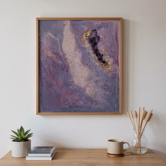 Hand-crafted abstract artwork with amethyst, clear quartz and 9ct gold vein, 30cm canvas by Rebecca.