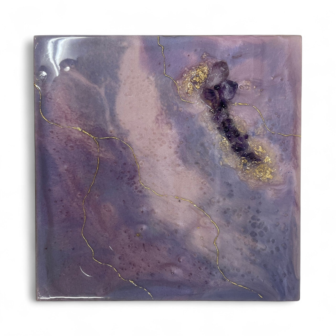 Purple and clear crystal-inspired wall art featuring amethyst, quartz and gold detail, square canvas.