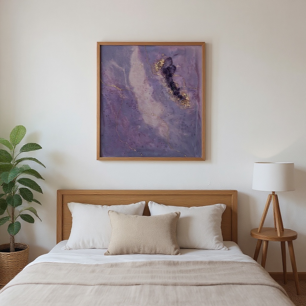 Original gemstone artwork in amethyst and quartz with shimmering gold vein, modern abstract painting UK.