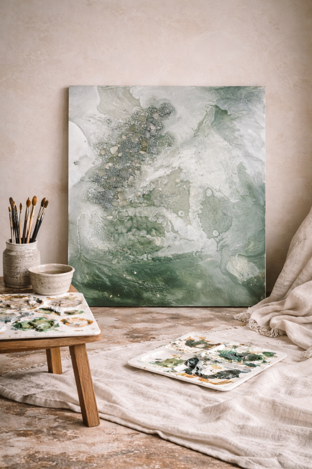 Green crystal resin wall art with Clear Quartz and New Jade on a 20cm square canvas