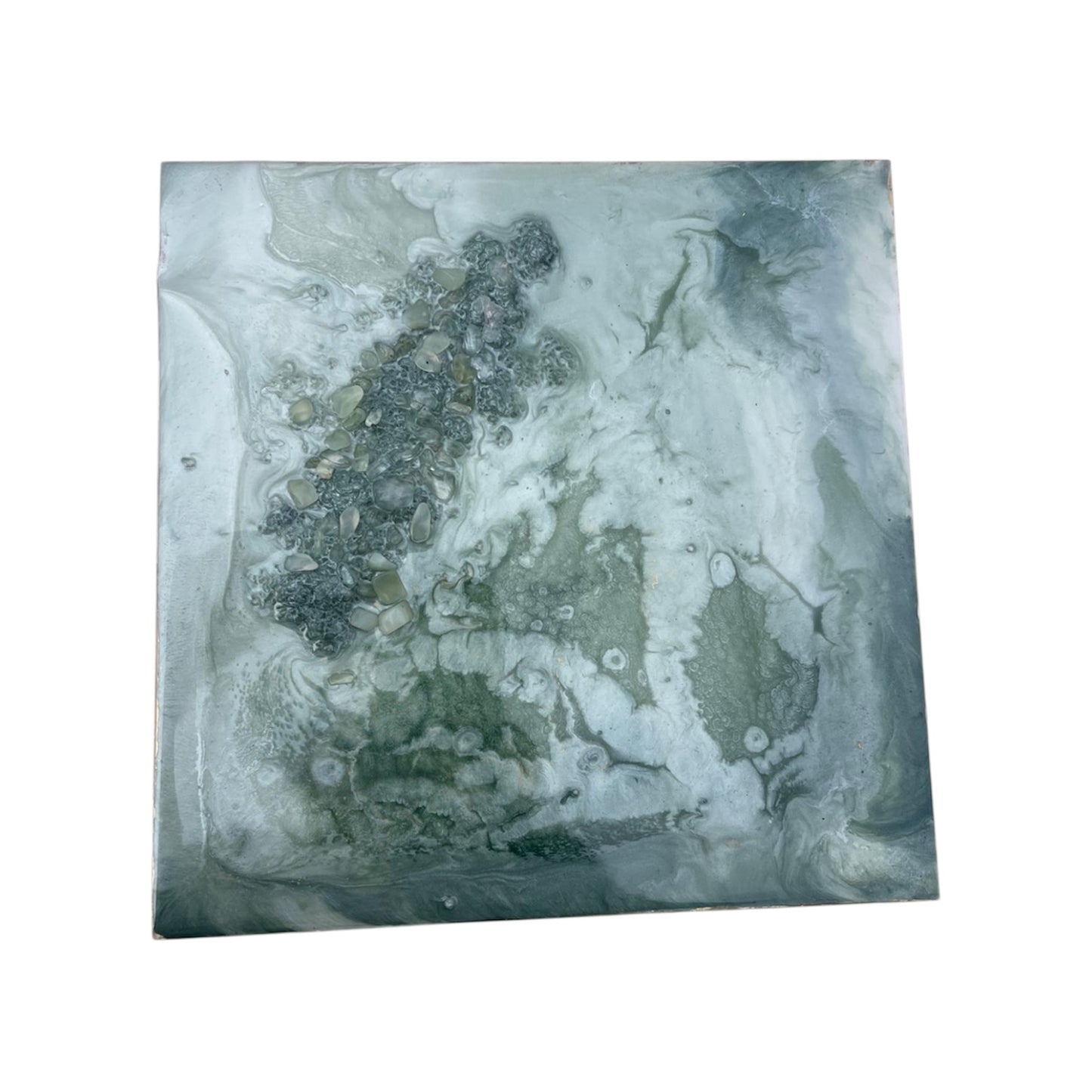 Green crystal resin wall art with Clear Quartz and New Jade on a 20cm square canvas