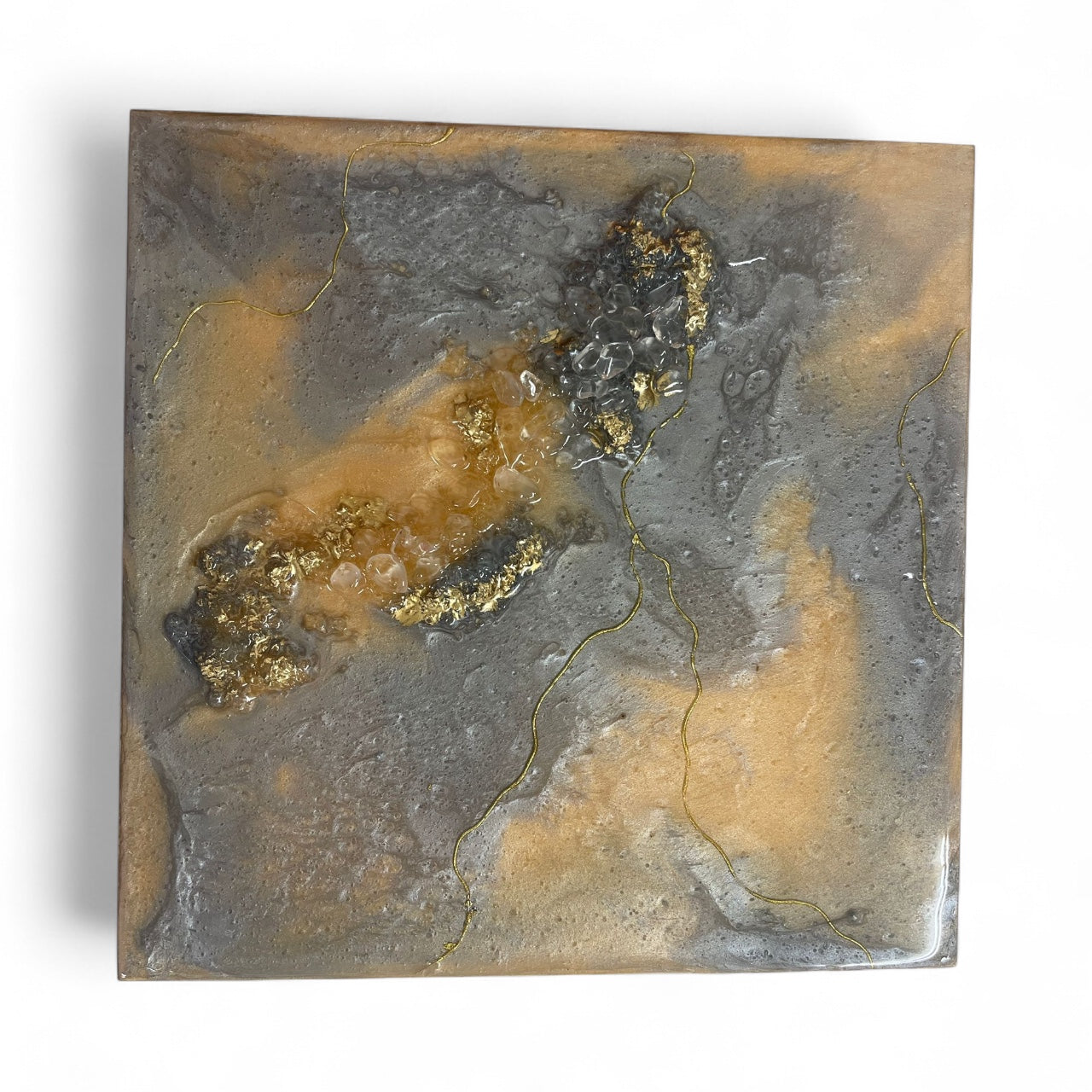 Crystal-inspired painting featuring clear quartz and gold detailing, handmade artwork.