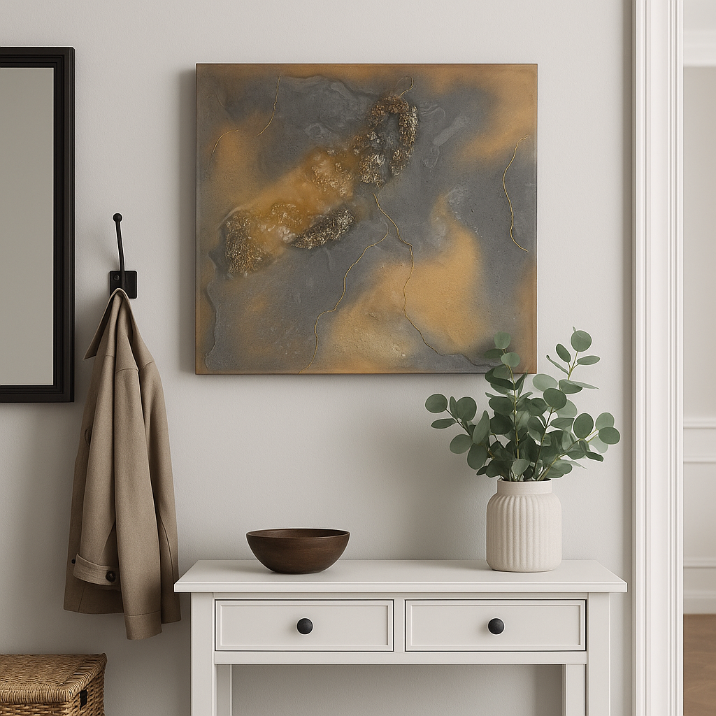 Abstract artwork with clear quartz crystals and 9ct gold vein on 25cm canvas.