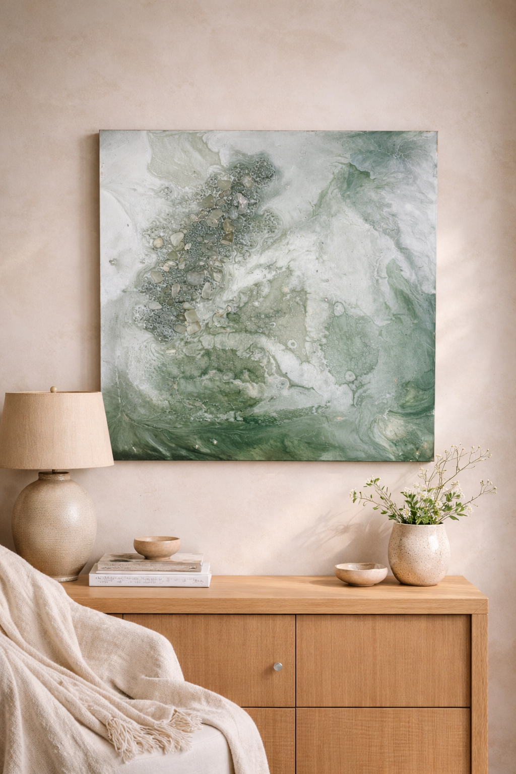 Handcrafted green resin artwork featuring New Jade and Clear Quartz crystals in a geode-inspired design