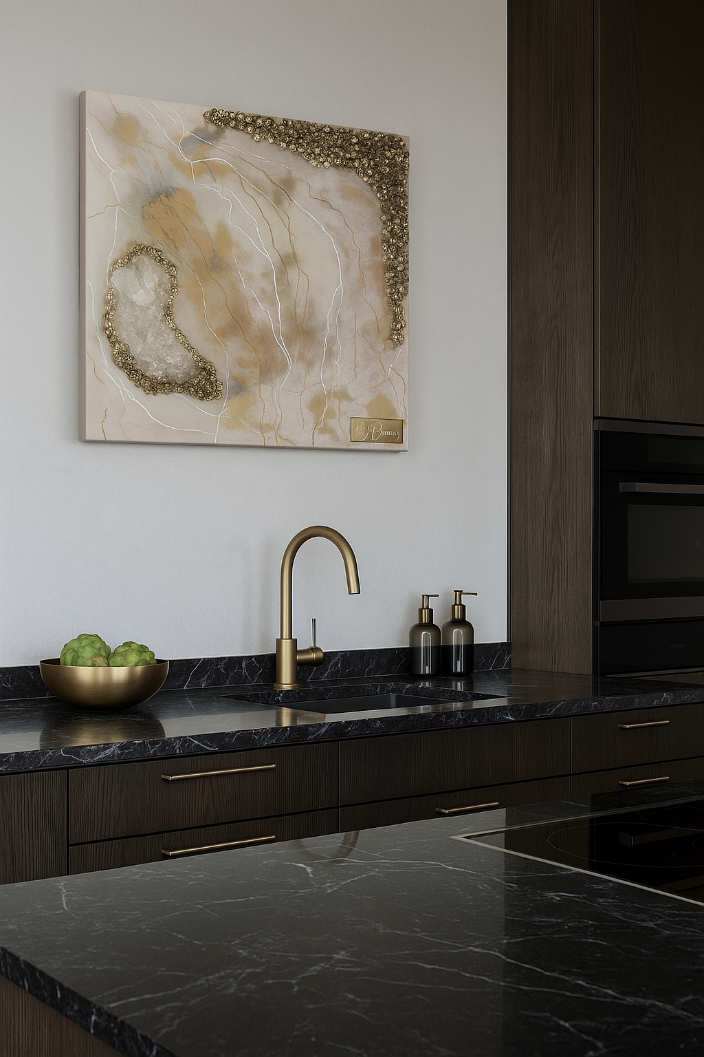 Original clear quartz artwork with gold detailing styled as a statement piece in a sophisticated kitchen interior.