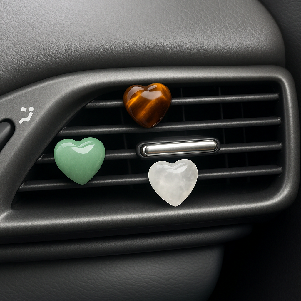 Set of 3 crystal car vent charms in Green Aventurine, Tiger’s Eye and Clear Quartz.