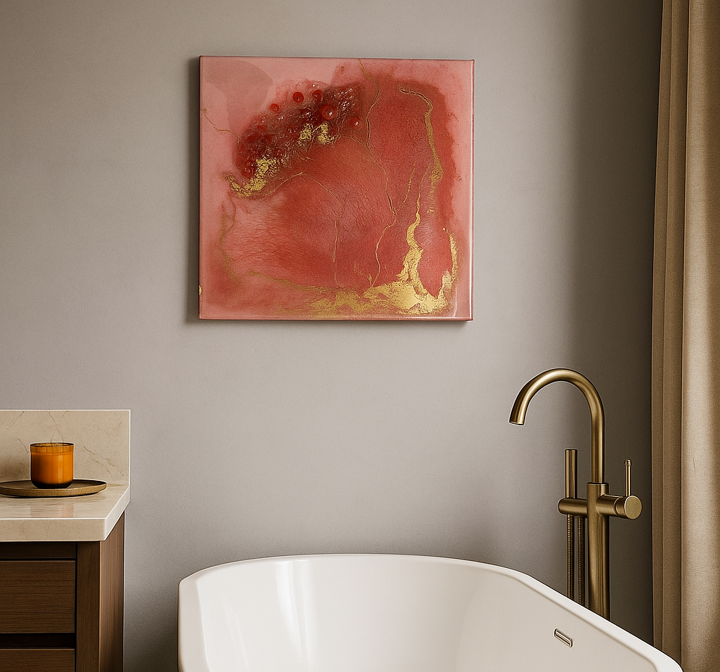 Abstract artwork with carnelian, clear quartz and 9ct gold vein on 25cm canvas.