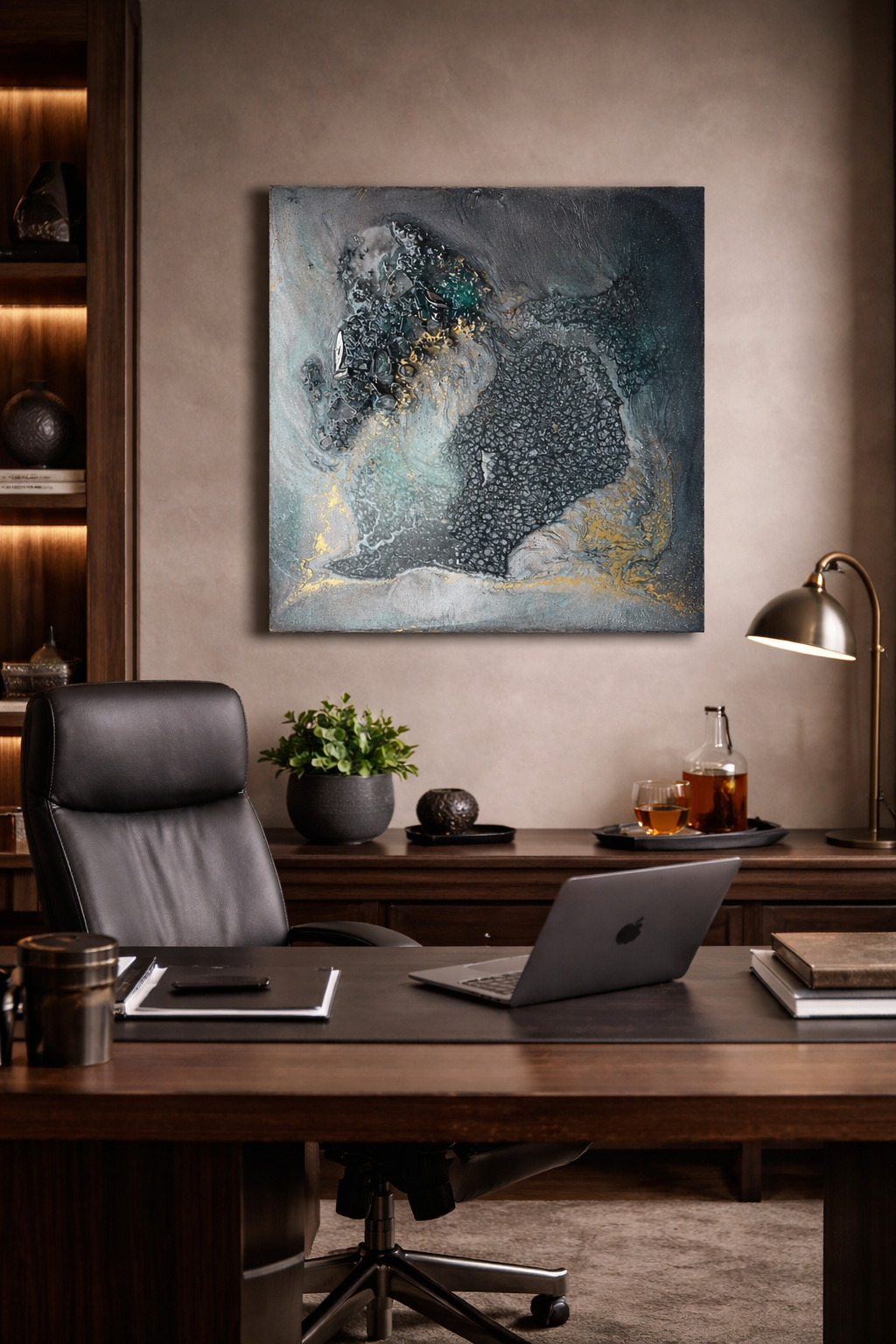 Handcrafted clear quartz and hematite crystal artwork in grey tones with gold accents on a square canvas