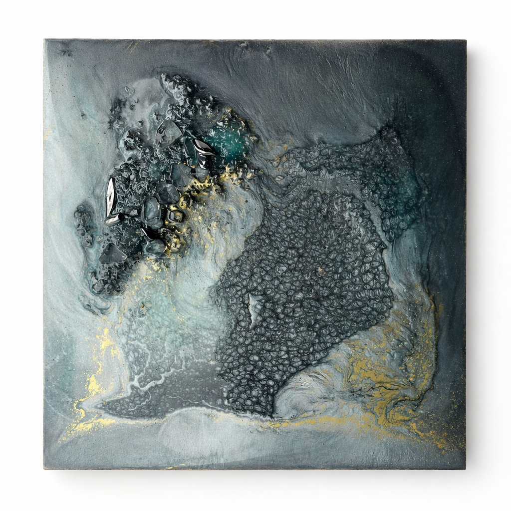 Grounding resin wall art featuring clear quartz and hematite crystals with textured abstract design