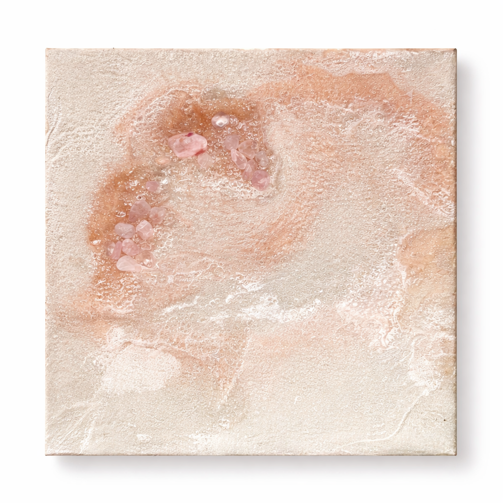 Minimalist crystal artwork combining clear quartz and rose quartz, ideal for meditation spaces and serene interiors.