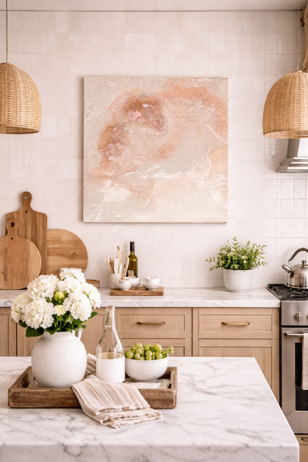 Handcrafted crystal wall art featuring clear quartz and rose quartz in soft neutral tones on a square canvas.