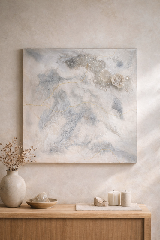 Handcrafted grey and white resin wall art with clear quartz crystals, natural geode, and delicate 9ct gold veins on a square canvas.