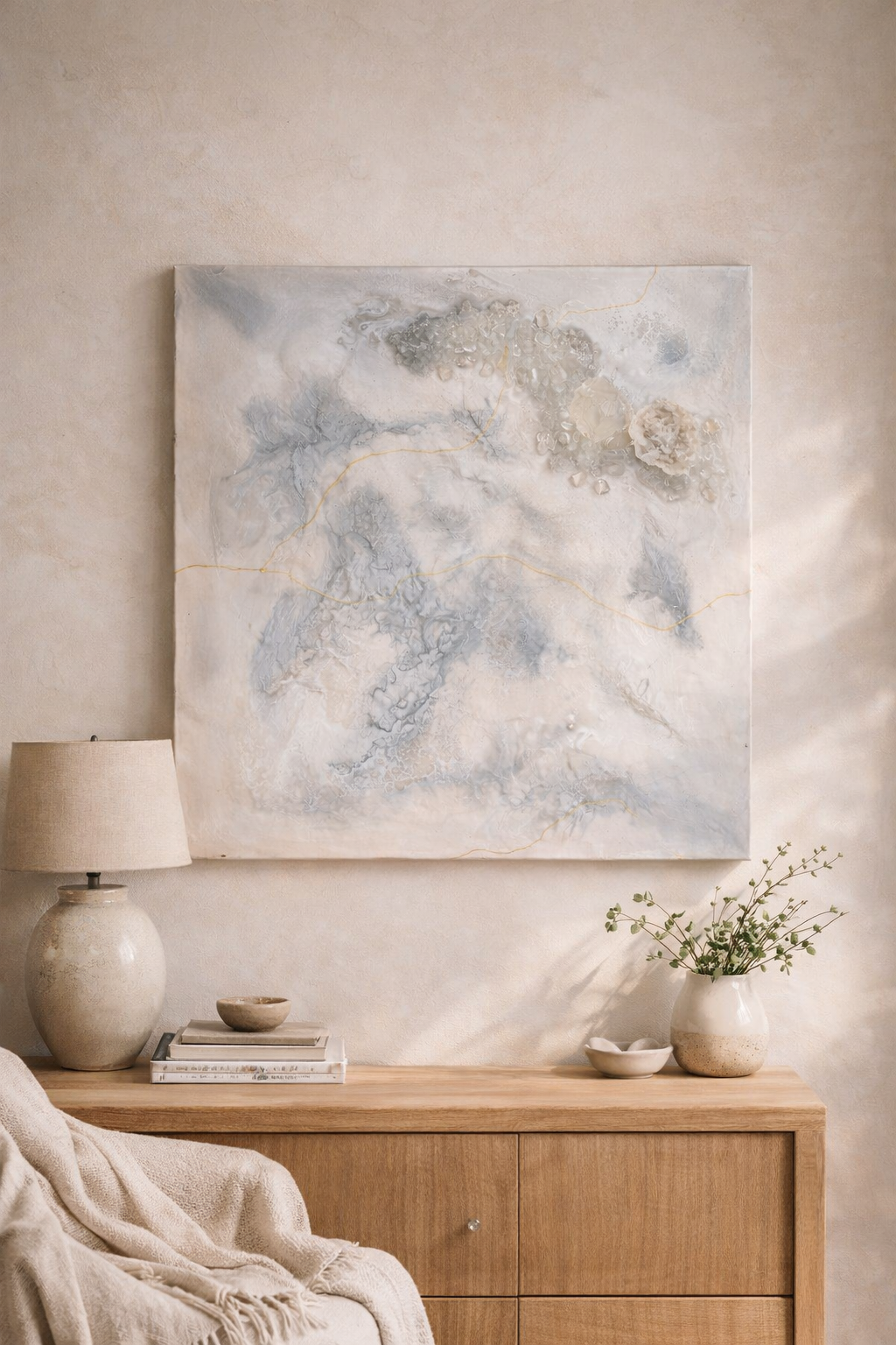 Crystal-infused resin wall art with clear quartz and geode accents, finished with elegant gold veins on a 30cm square canvas.