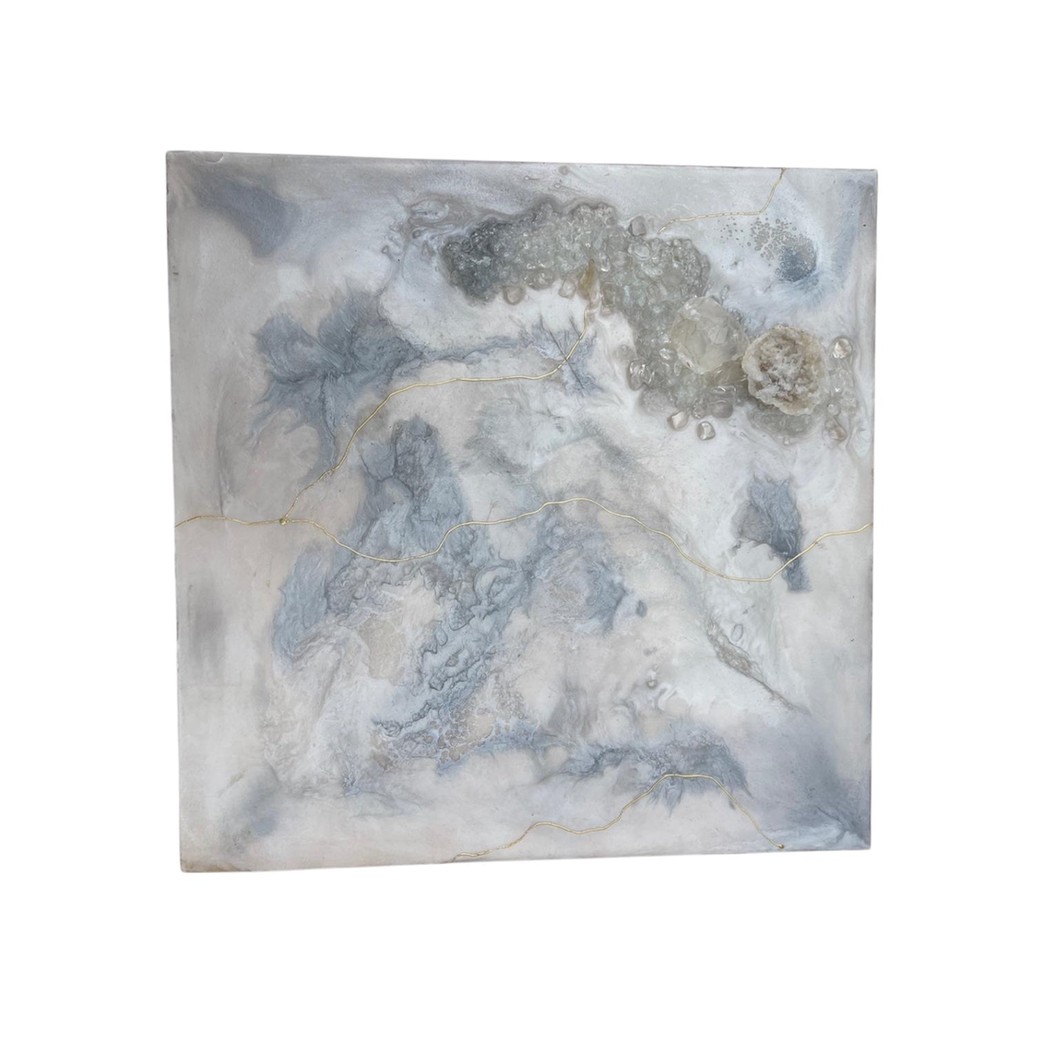 Luxury handmade resin artwork showcasing clear quartz crystals, geode formation, and subtle gold veins for home decor.