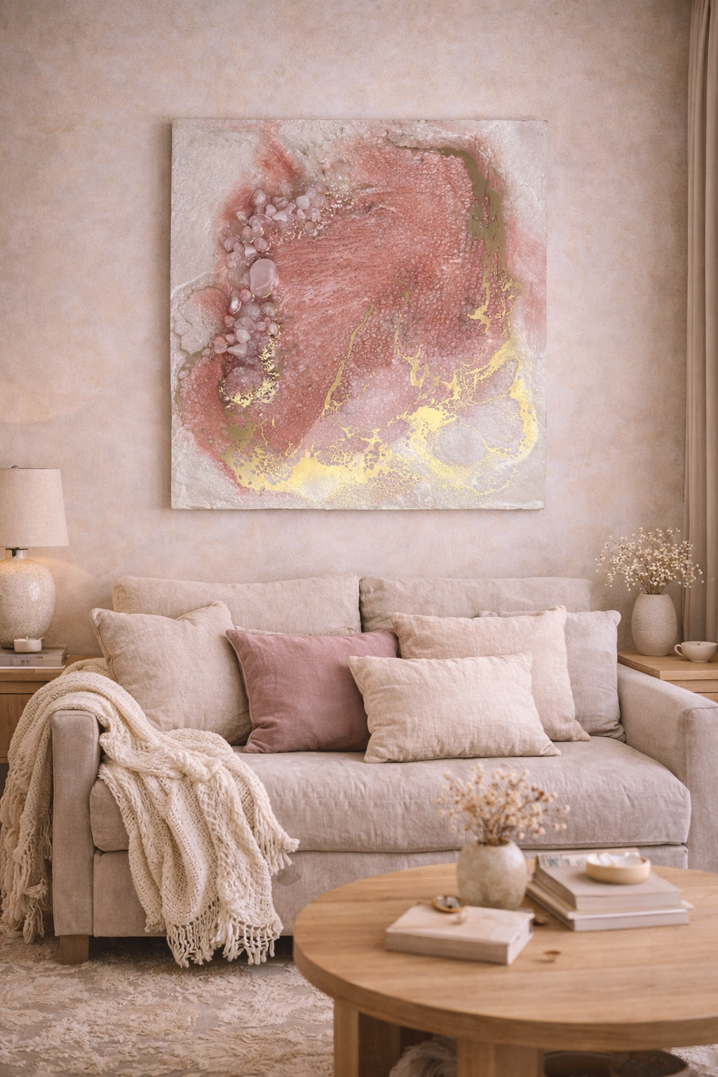 Handcrafted pink and white resin artwork with rose quartz and clear quartz crystals