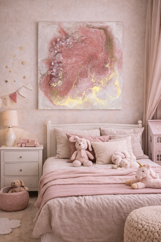Handcrafted pink and white resin artwork with rose quartz and clear quartz crystals