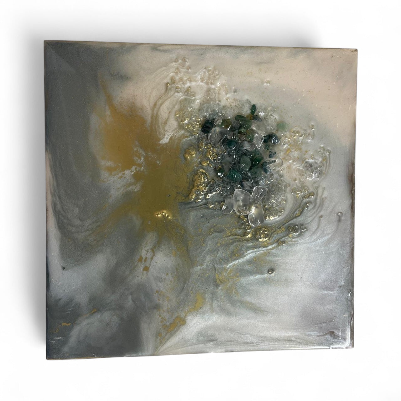 Abstract artwork with green moss agate and clear quartz on 20cm canvas, earthy tones with crystal detail.