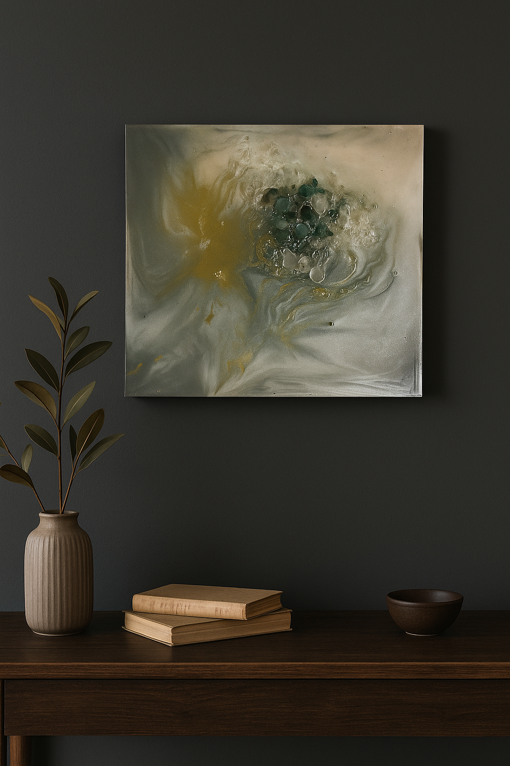Original green moss agate and clear quartz artwork, handmade UK wall art for grounding and balance. 