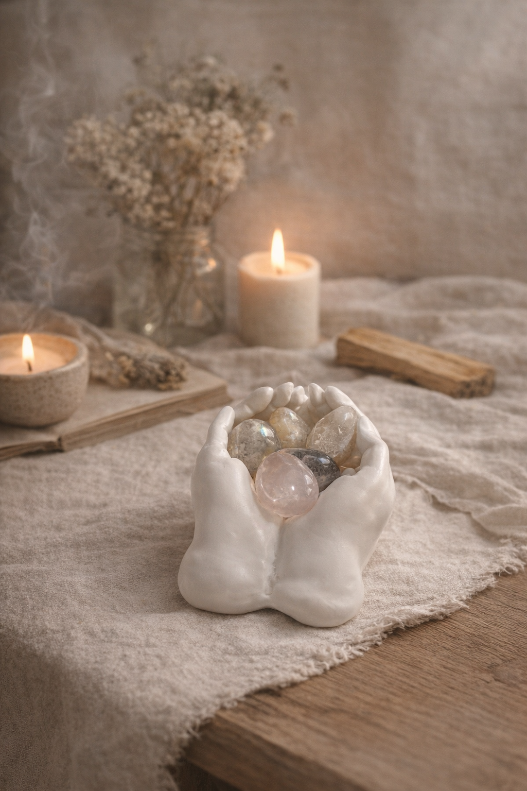 Crystal helping hands gift with rose quartz, citrine and labradorite stones.