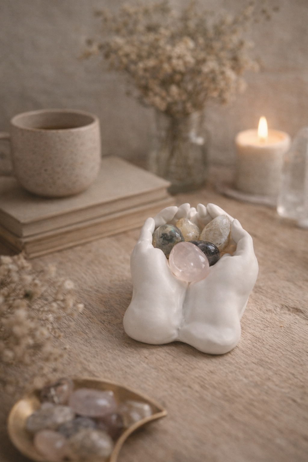 Helping hands holding rose quartz, citrine and labradorite crystals for love and protection.