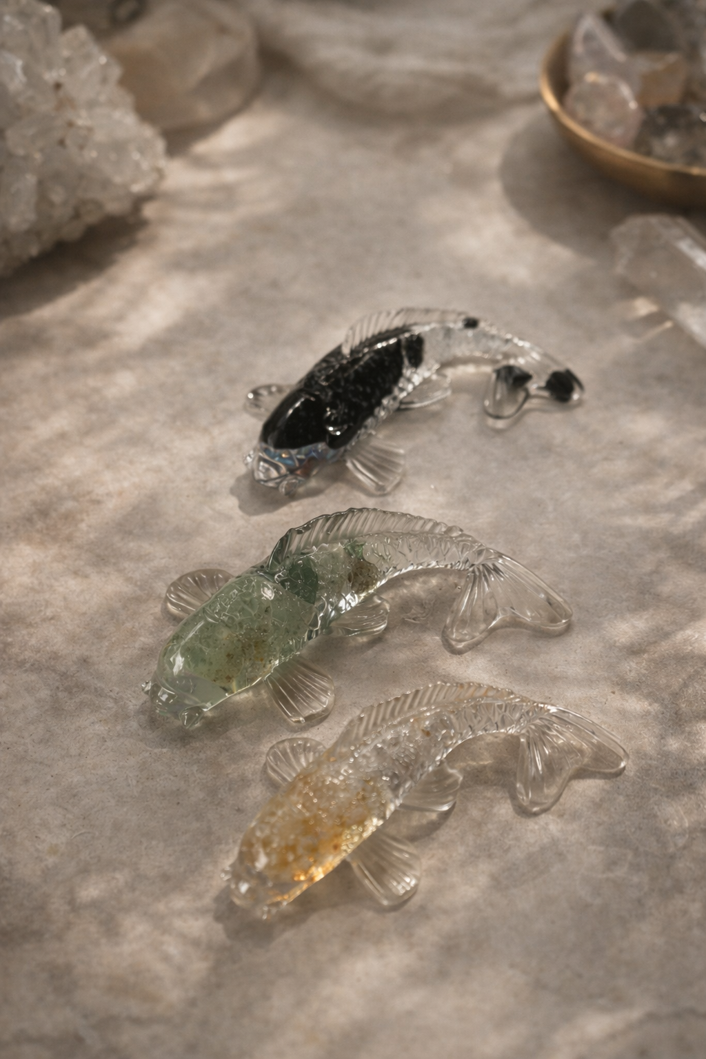 Lucky koi resin charm infused with crystal for luck and protection