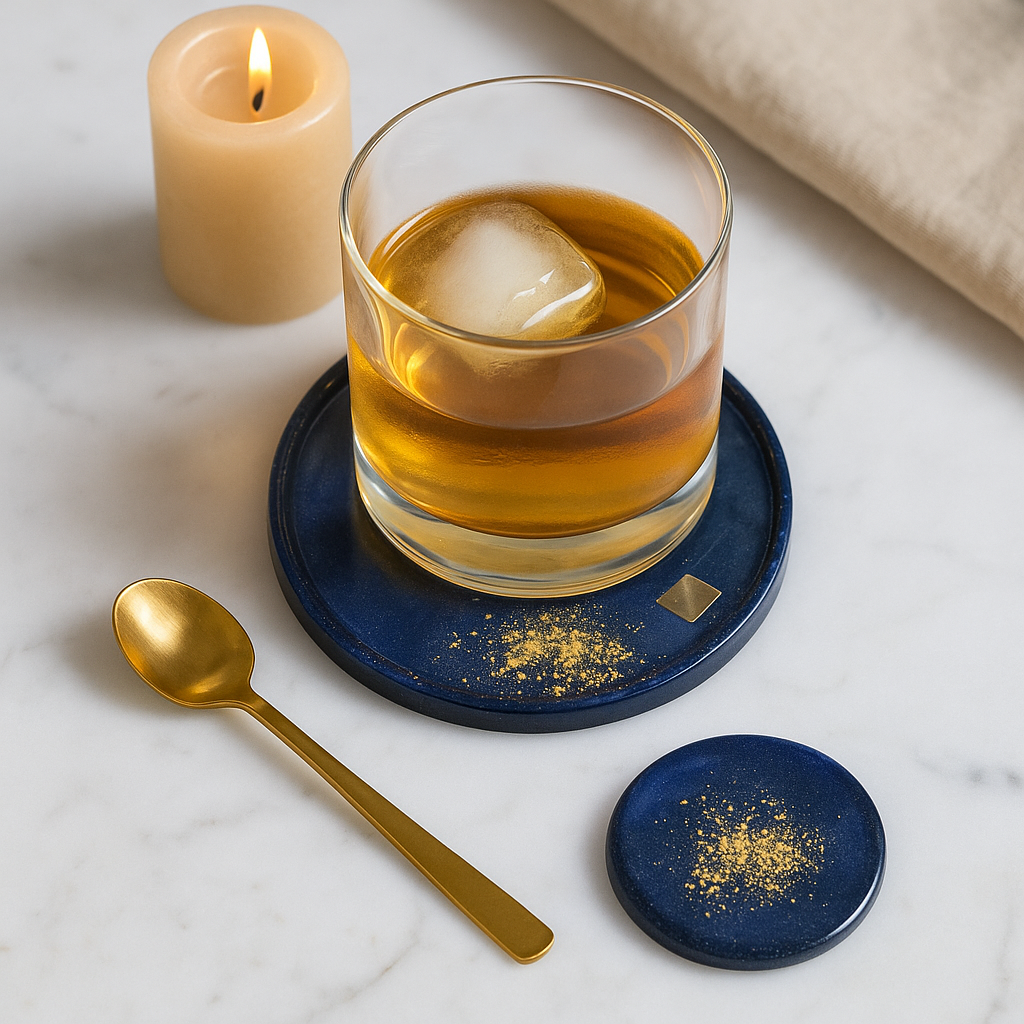 Navy blue resin coaster featuring gold flecks and pyrite accents, handmade homeware.