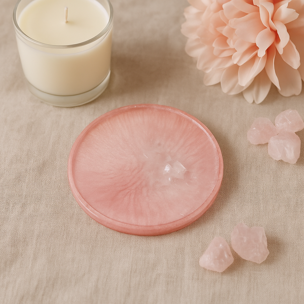 Luxury pink resin coaster with crystal detail, handmade by By Becca.