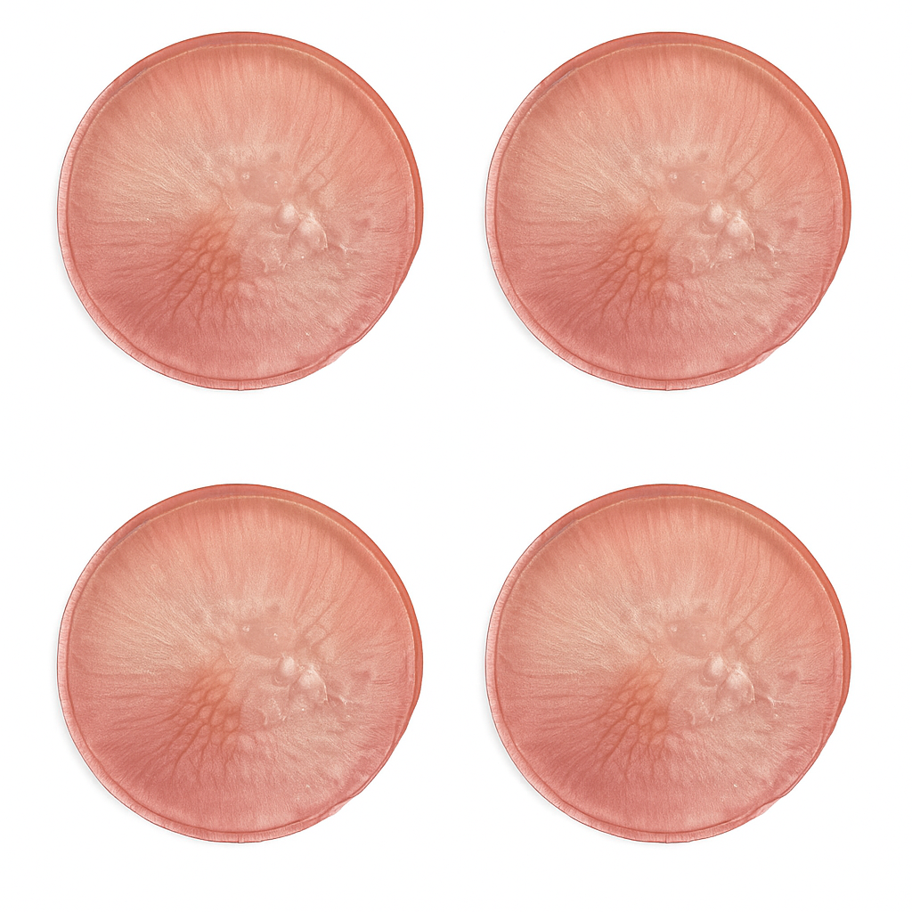 Handmade blush pink resin coaster with clear quartz detailing, circular shape.