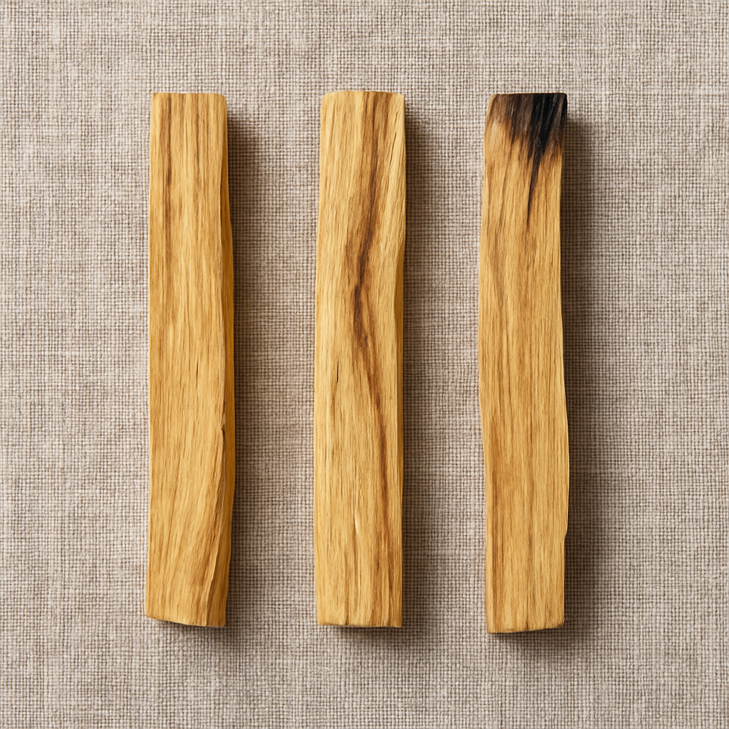 Flatlay of three Palo Santo sticks placed on a natural linen background for a clean, earthy product photo.