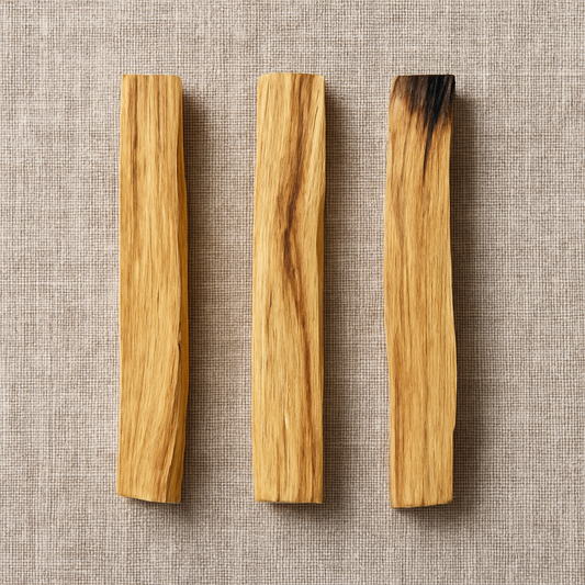 Flatlay of three Palo Santo sticks placed on a natural linen background for a clean, earthy product photo.