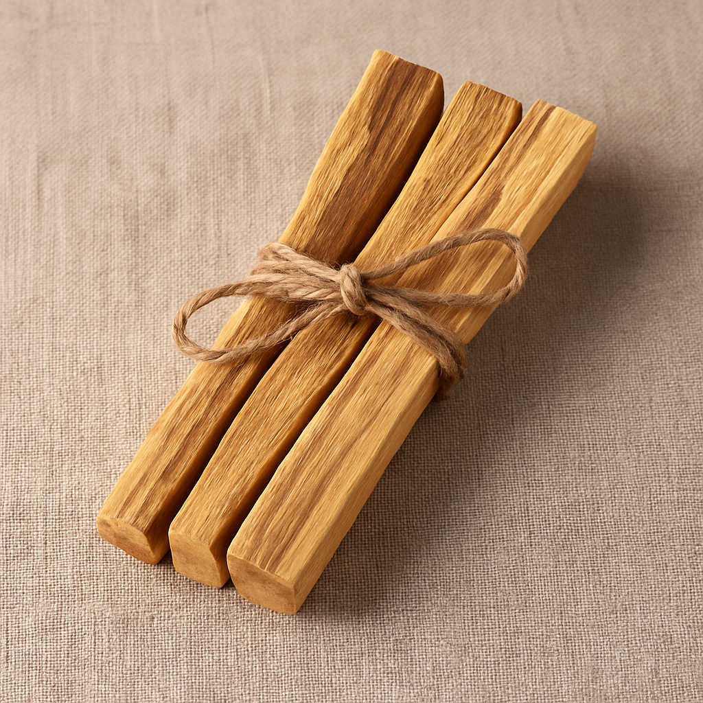 Three Palo Santo sticks tied together with natural twine, styled on a neutral linen fabric background.