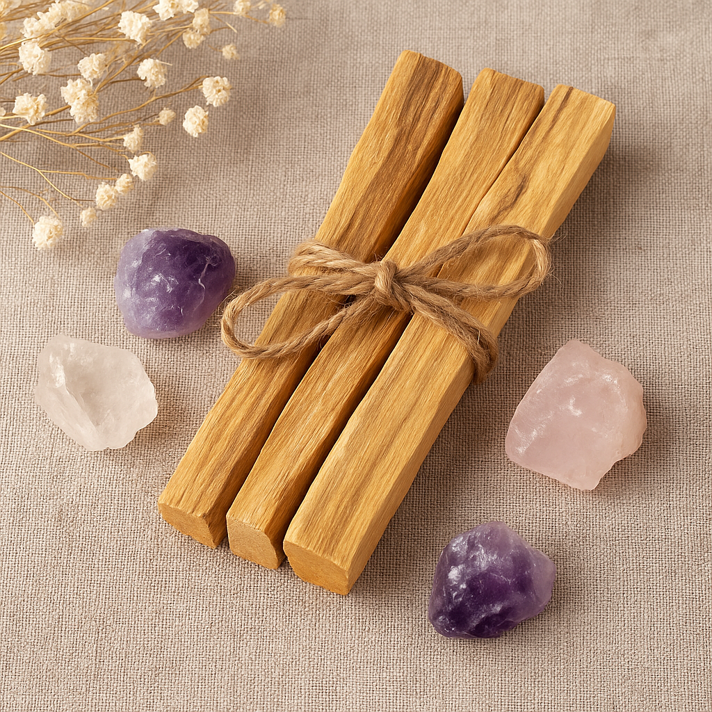 Flatlay of three Palo Santo sticks tied with twine, surrounded by clear quartz, rose quartz and amethyst crystals and dried flowers on linen background.