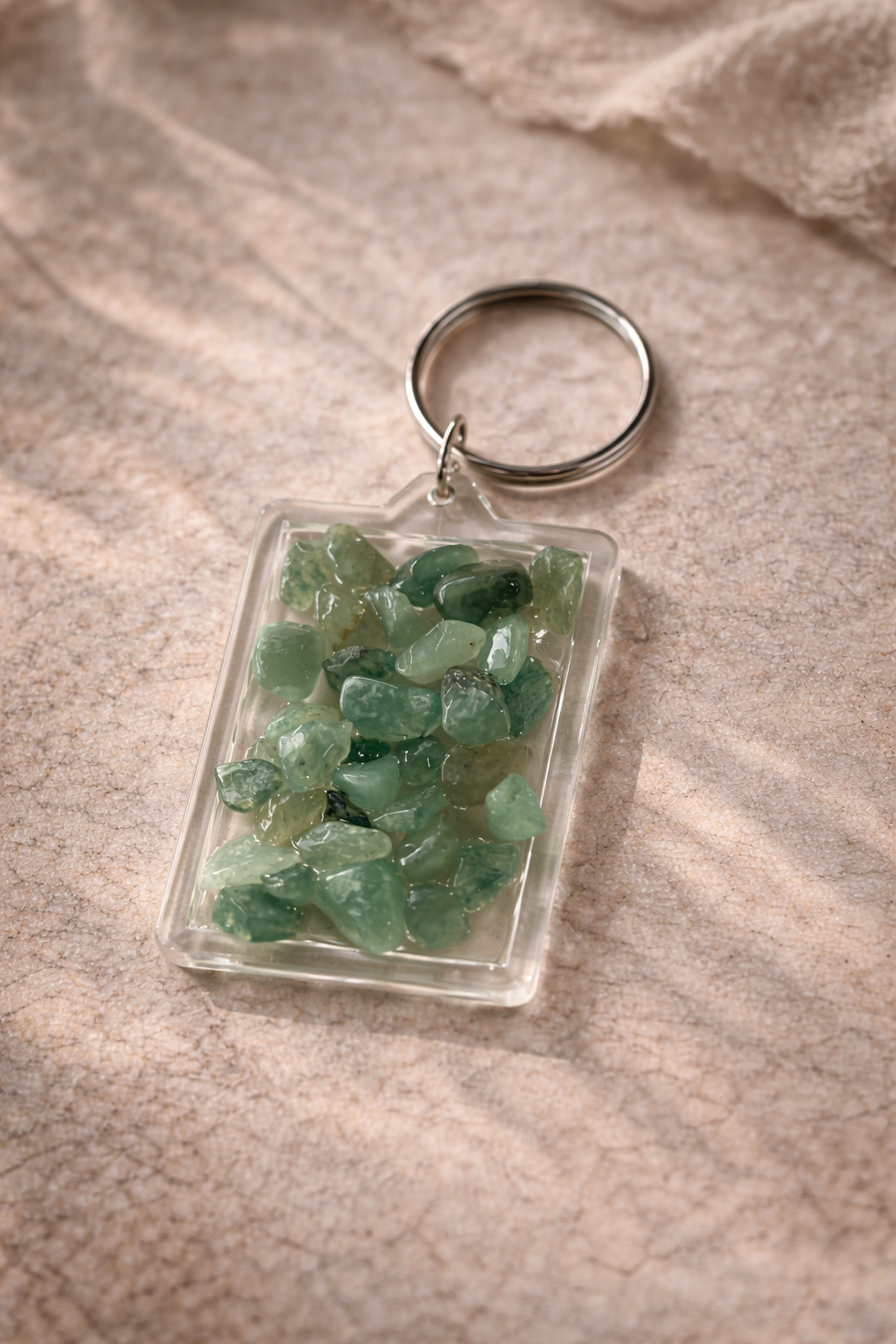 Pocket Energy Keyring with green aventurine crystal chips for luck, growth and new beginnings