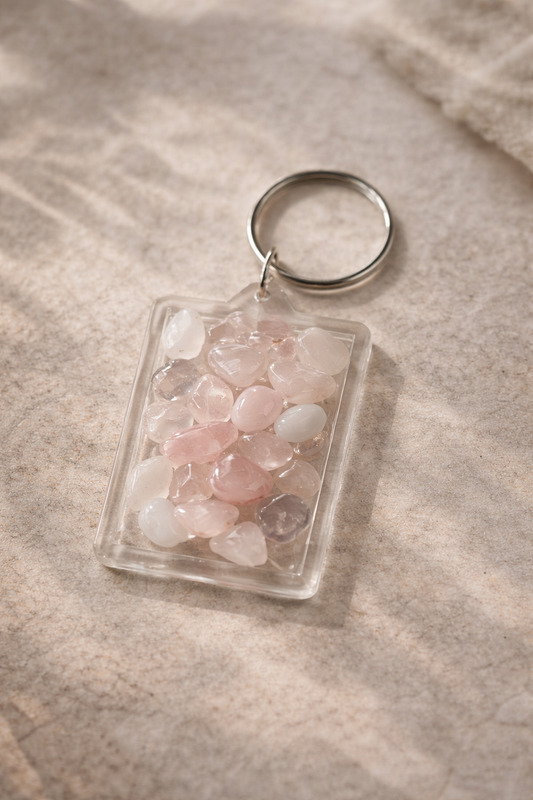 Pocket Energy Keyring filled with rose quartz crystal chips, symbolising love and emotional healing.