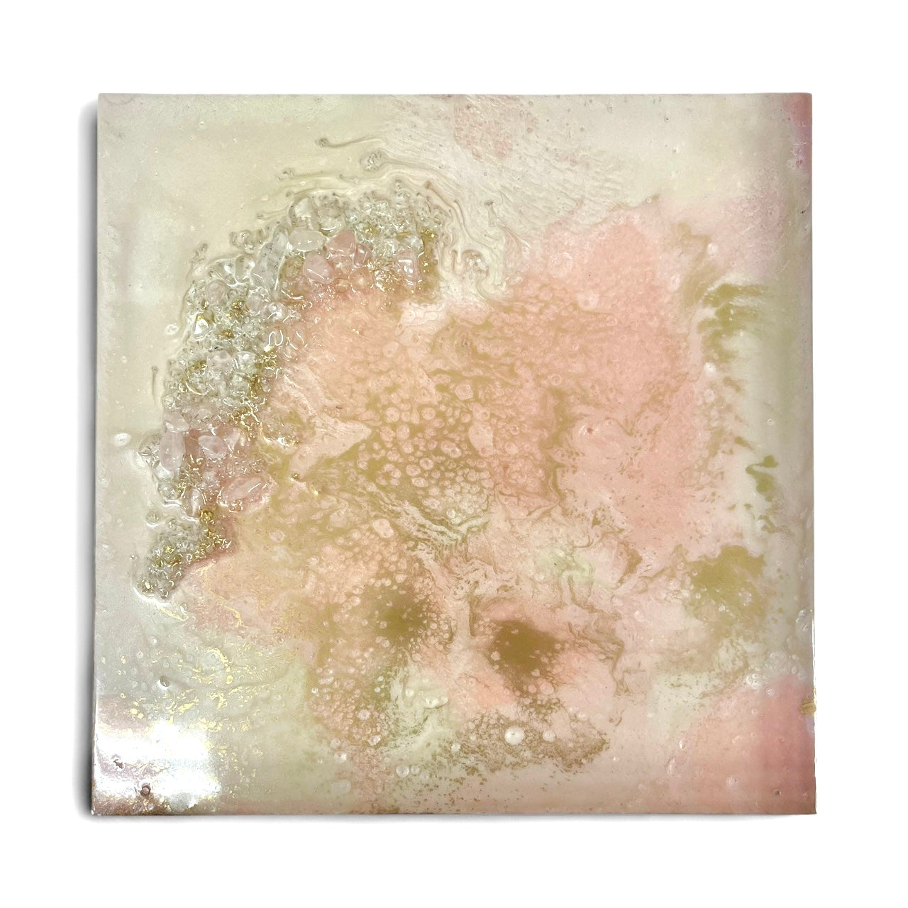 Abstract artwork with rose quartz and clear quartz, soft pink tones and crystal detail, 30cm canvas.