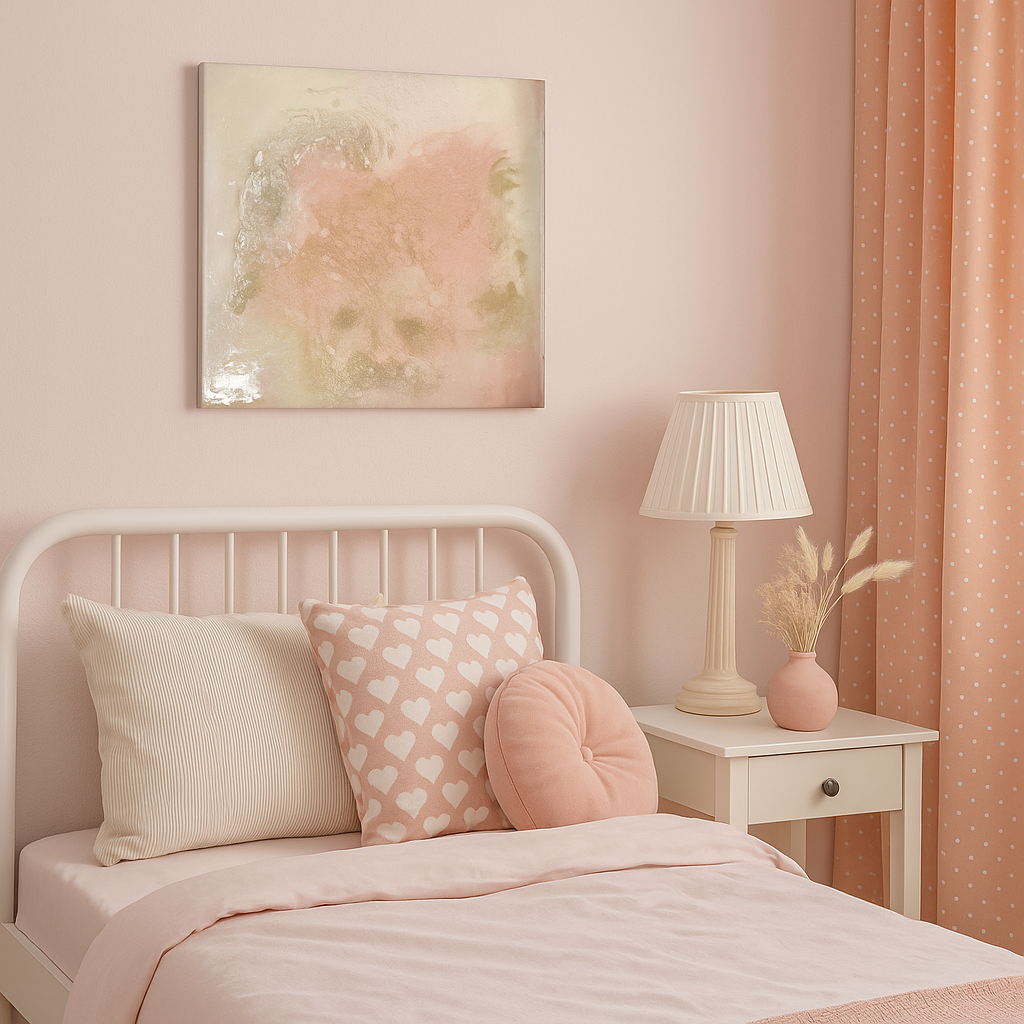Crystal-inspired pink and white canvas displayed in a cosy teenage girl’s bedroom with soft decor.