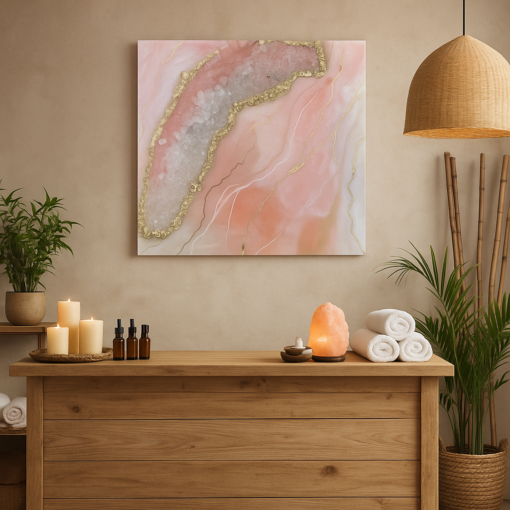 Rose quartz geode resin artwork with gold foil detail hung in a holistic spa reception with candles and plants.