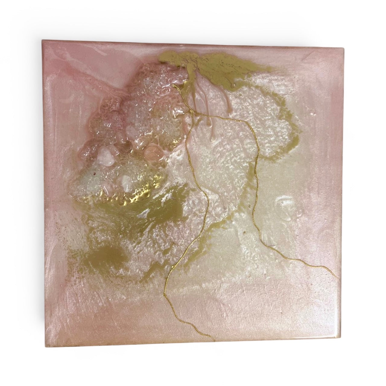 Original rose quartz and clear quartz artwork with gold detail, handmade UK wall art
