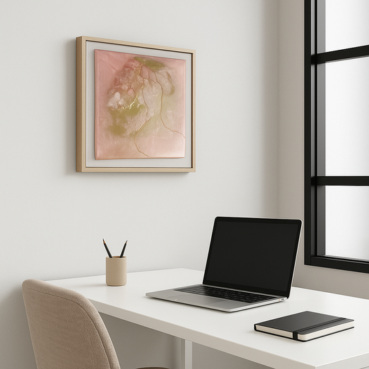 Abstract artwork with rose quartz, clear quartz, and 9ct gold vein on a 20cm canvas.