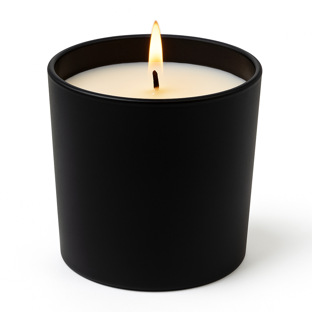 Hand-poured grounding candle with soy and coconut wax, sandalwood and amber fragrance, in a matte black vessel.